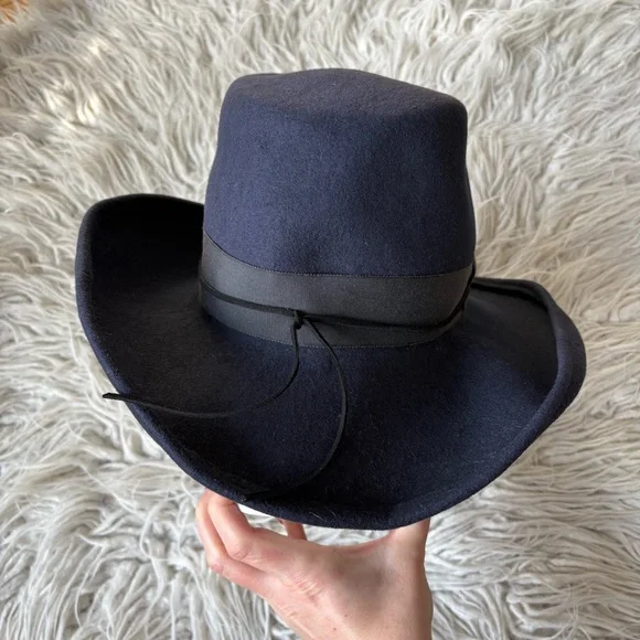 House of Lafayette Wool Felt Blue Gambler Grosgrain Suede Accent Hat One Size House of Lafayette Wool Felt Blue Gambler Grosgrain Suede  main image 3
